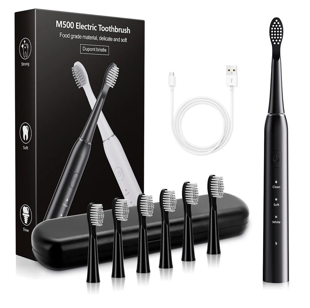 Cepillo de dientes eléctrico sónico con 6 cabezales: temporizador inteligente y blanqueamiento dental.