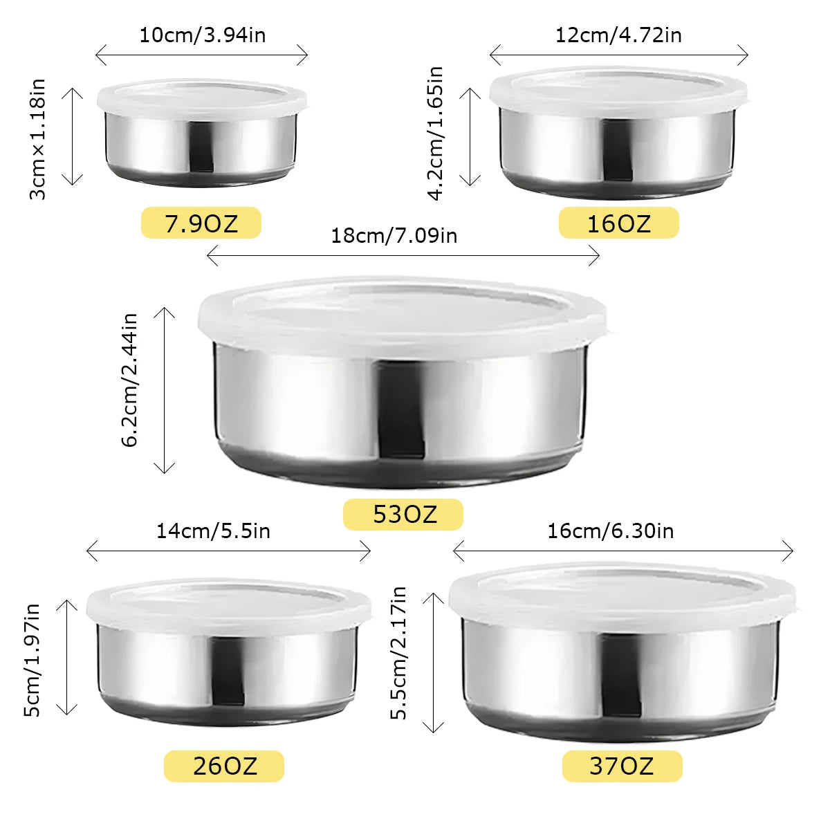 Kit 5 Caixas Conservação Aço Inox Frigorífico - Organizador Alimentos Hermético Multiuso