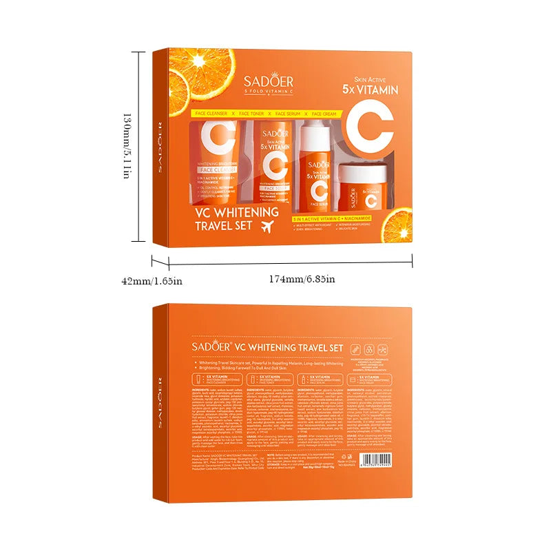 Kit de cuidado de la piel con vitamina C: 5 piezas | Limpiador, tónico, esencia, crema e hidratante | Set de viaje portátil