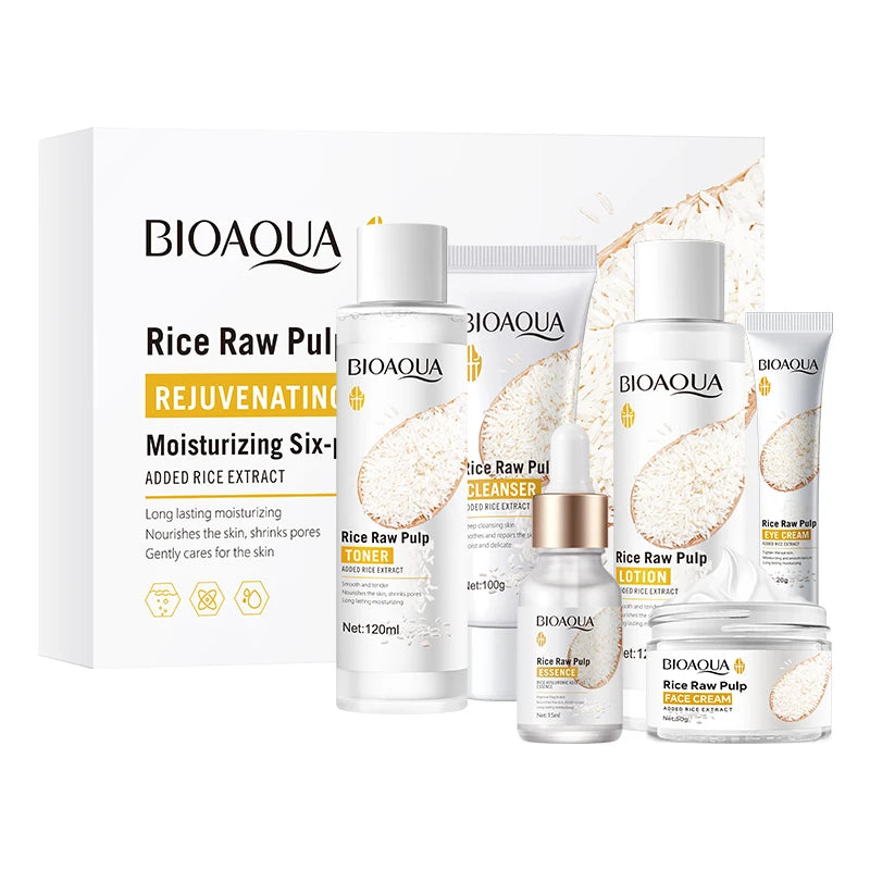 Kit BIOAQUA Arroz 6 Peças - Clareamento Firmeza Anti-Idade Rejuvenescimento Facial Completo
