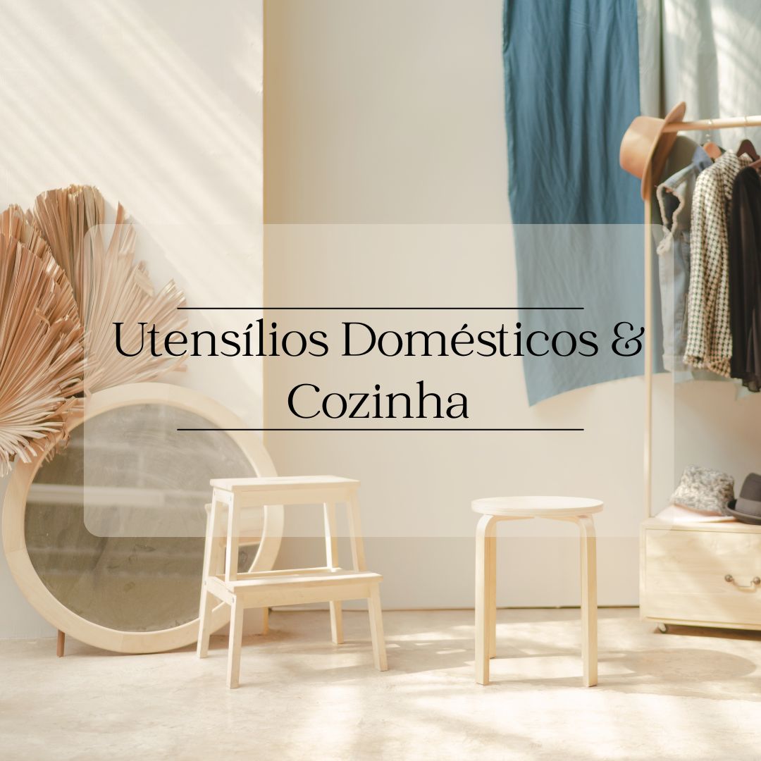 Minimalist interior with wooden stools, round mirror, dried palm leaves, and clothing rack