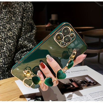 Luxury iPhone Case with Metal Chain Bracelet – Lens and Back Protection, Compatible with iPhone 14/13/12/11/XR/XS/X/8/7/SE, Heart-Shaped Design