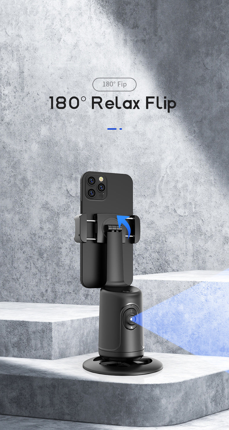 Smart Tripod with Automatic Facial Tracking – 360° Rotating Phone Holder, No App Required, Ideal for Vlogs, Live Streams and Video Recording, Rechargeable Battery, Black