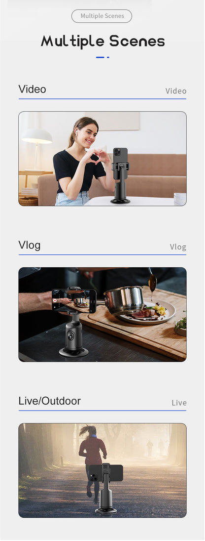 Smart Tripod with Automatic Facial Tracking – 360° Rotating Phone Holder, No App Required, Ideal for Vlogs, Live Streams and Video Recording, Rechargeable Battery, Black