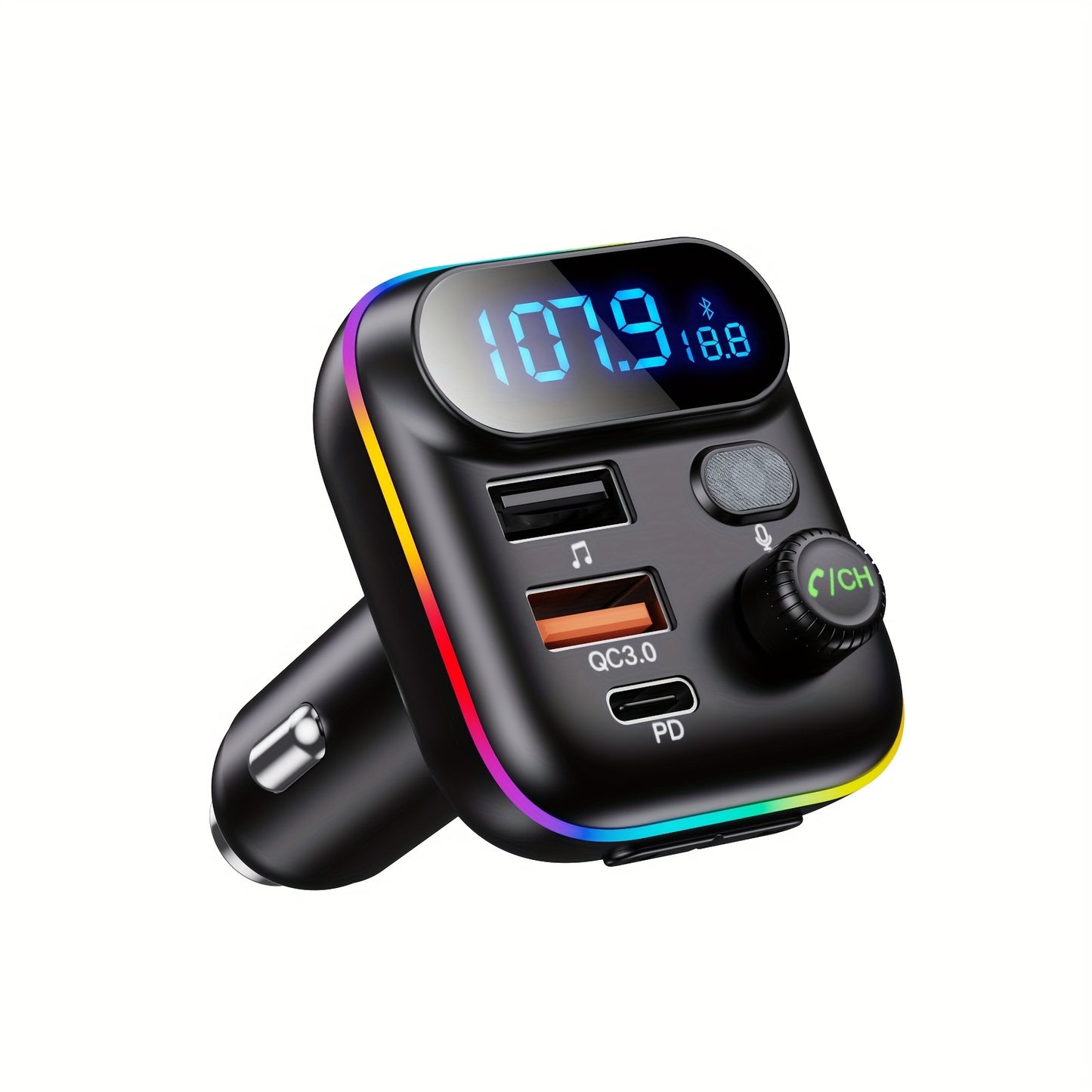 Car Adapter with Wireless FM Transmitter, Bluetooth 5.0, MP3 Player, QC3.0 USB Charger + 20W PD, 7-Color LED