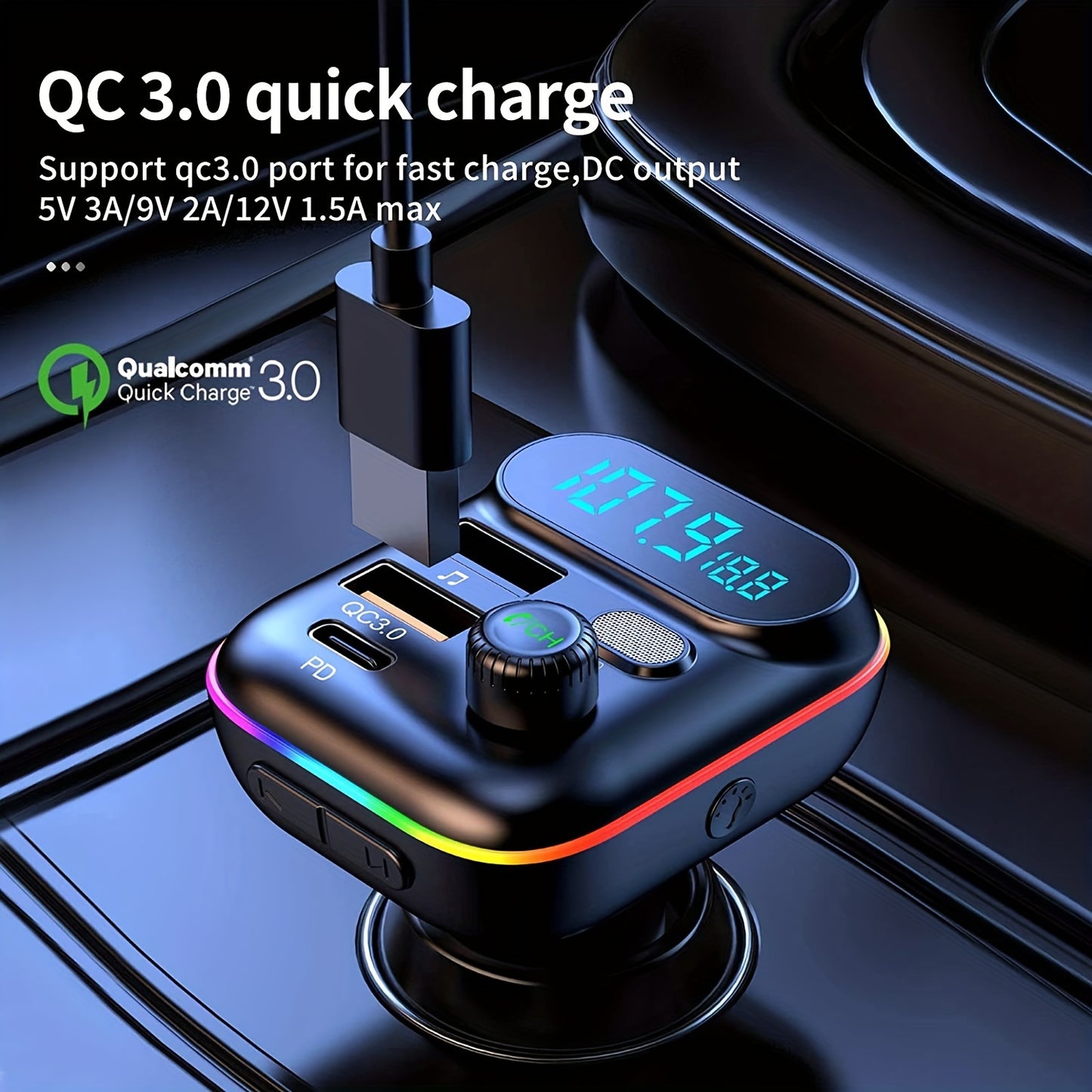 Car Adapter with Wireless FM Transmitter, Bluetooth 5.0, MP3 Player, QC3.0 USB Charger + 20W PD, 7-Color LED