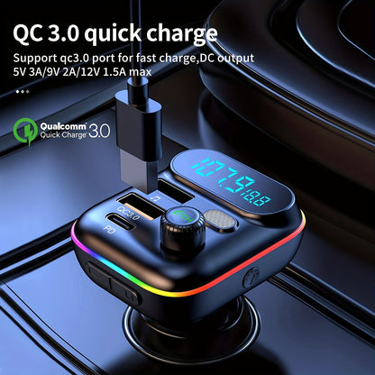 Car Adapter with Wireless FM Transmitter, Bluetooth 5.0, MP3 Player, QC3.0 USB Charger + 20W PD, 7-Color LED