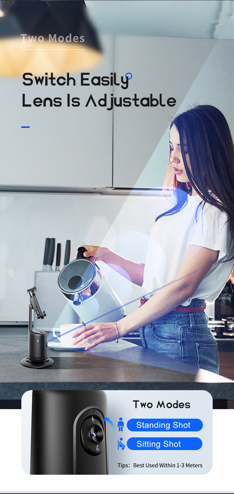 Smart Tripod with Automatic Facial Tracking – 360° Rotating Phone Holder, No App Required, Ideal for Vlogs, Live Streams and Video Recording, Rechargeable Battery, Black