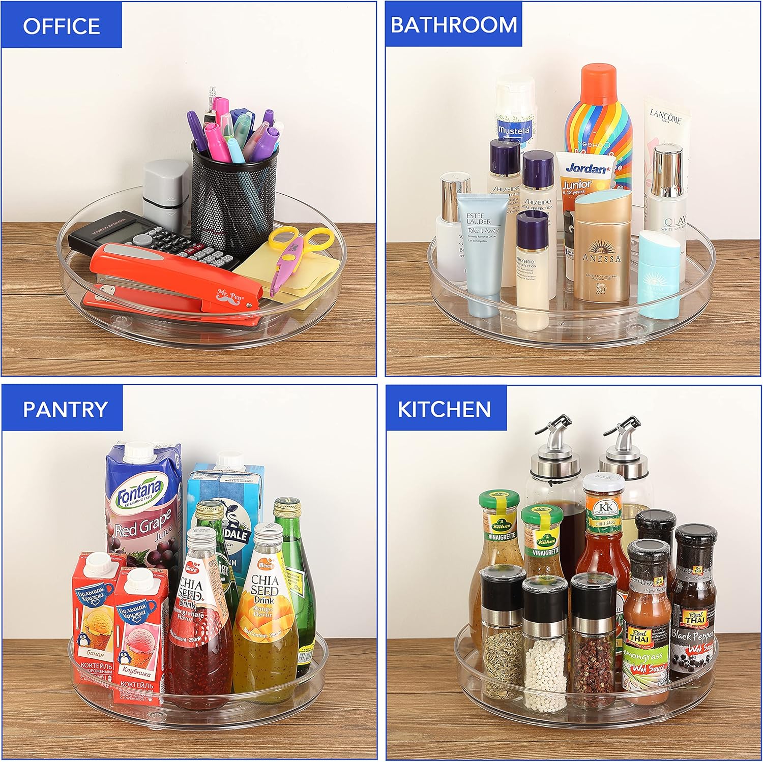 Clear rotating organizer trays holding office supplies, bathroom skincare, pantry drinks, and kitchen condiments on wooden surface