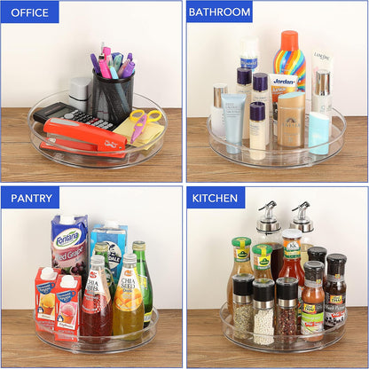 Clear rotating organizer trays holding office supplies, bathroom skincare, pantry drinks, and kitchen condiments on wooden surface