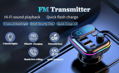Car Adapter with Wireless FM Transmitter, Bluetooth 5.0, MP3 Player, QC3.0 USB Charger + 20W PD, 7-Color LED