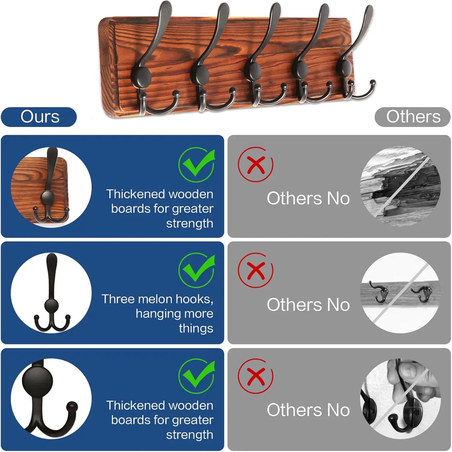 Cabideiro Parede Madeira 5 Ganchos - Organização Elegante