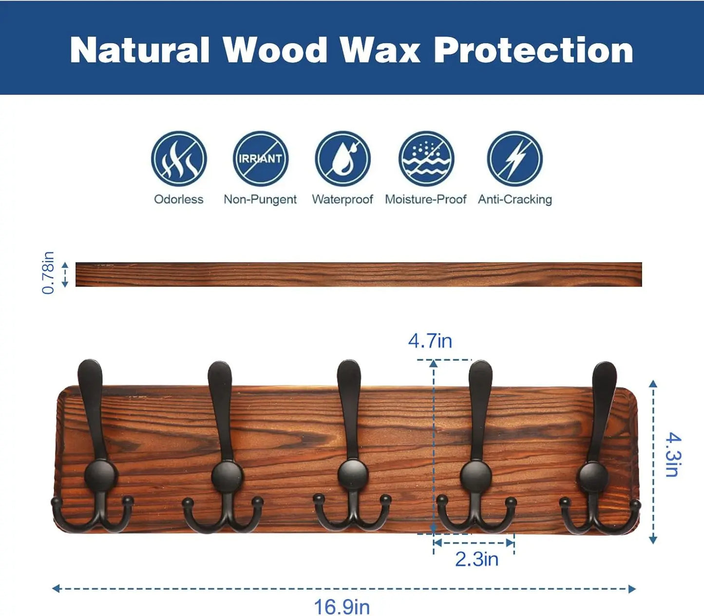 Cabideiro Parede Madeira 5 Ganchos - Organização Elegante