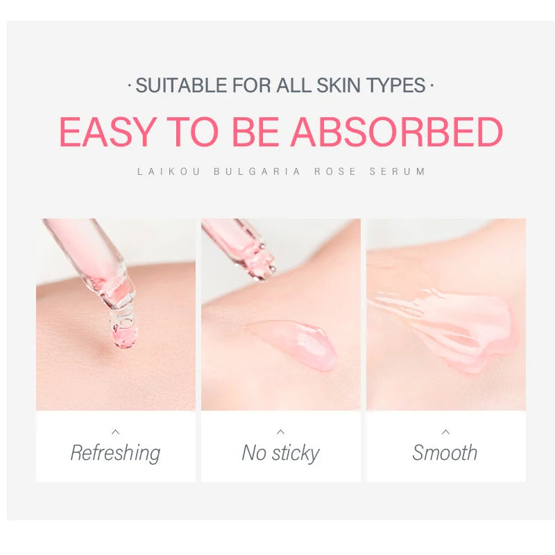Suero facial de rosa búlgara LAIKOU: hidratante, iluminador y antiedad que minimiza las manchas oscuras y los poros para una piel radiante.