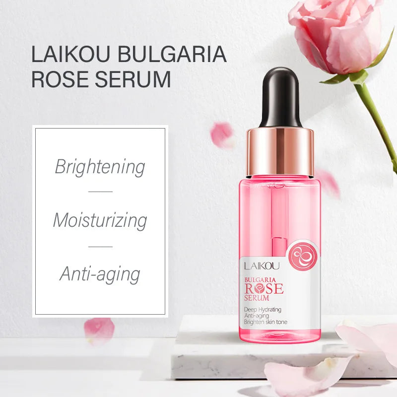Suero facial de rosa búlgara LAIKOU: hidratante, iluminador y antiedad que minimiza las manchas oscuras y los poros para una piel radiante.