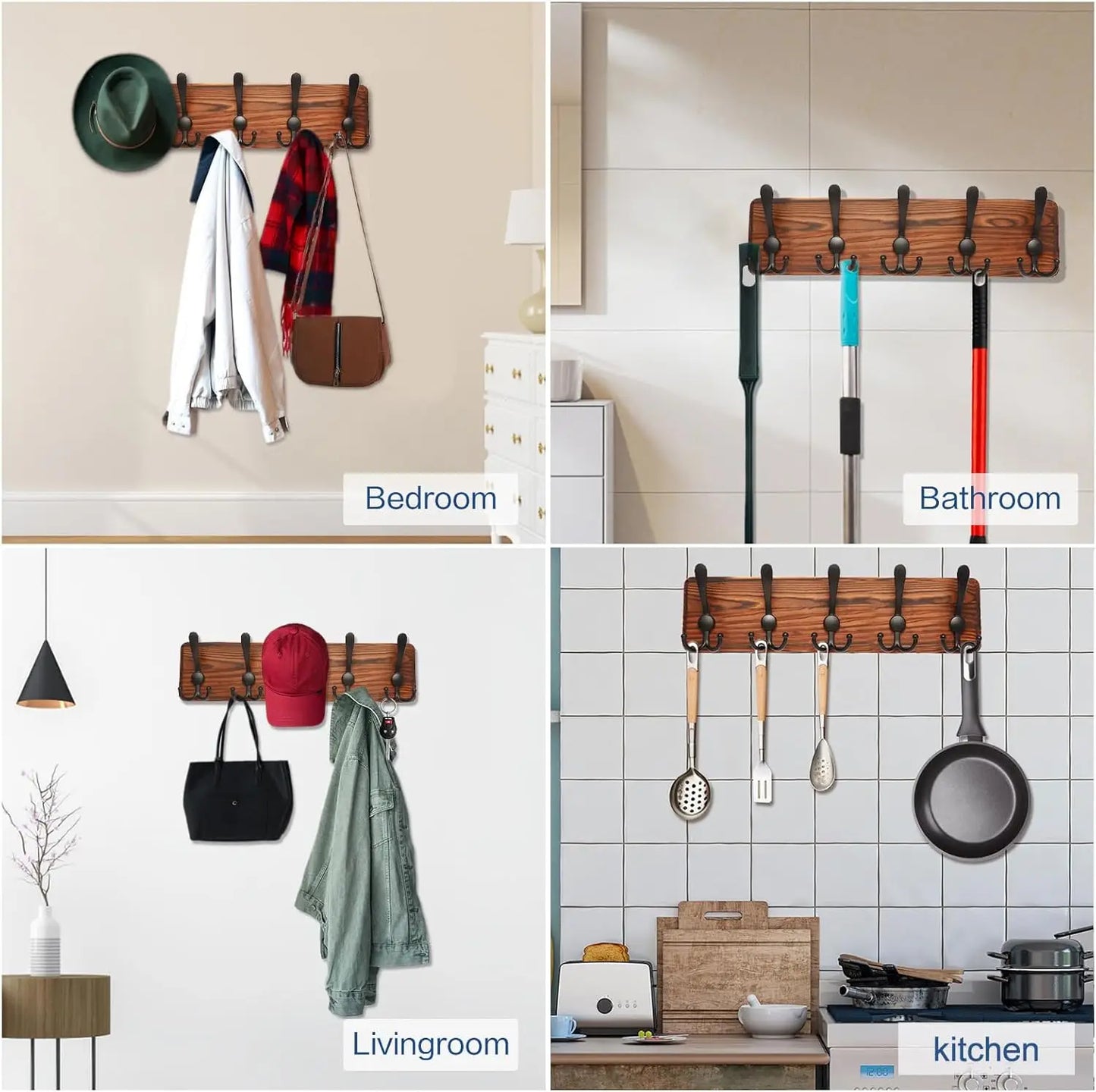 Cabideiro Parede Madeira 5 Ganchos - Organização Elegante