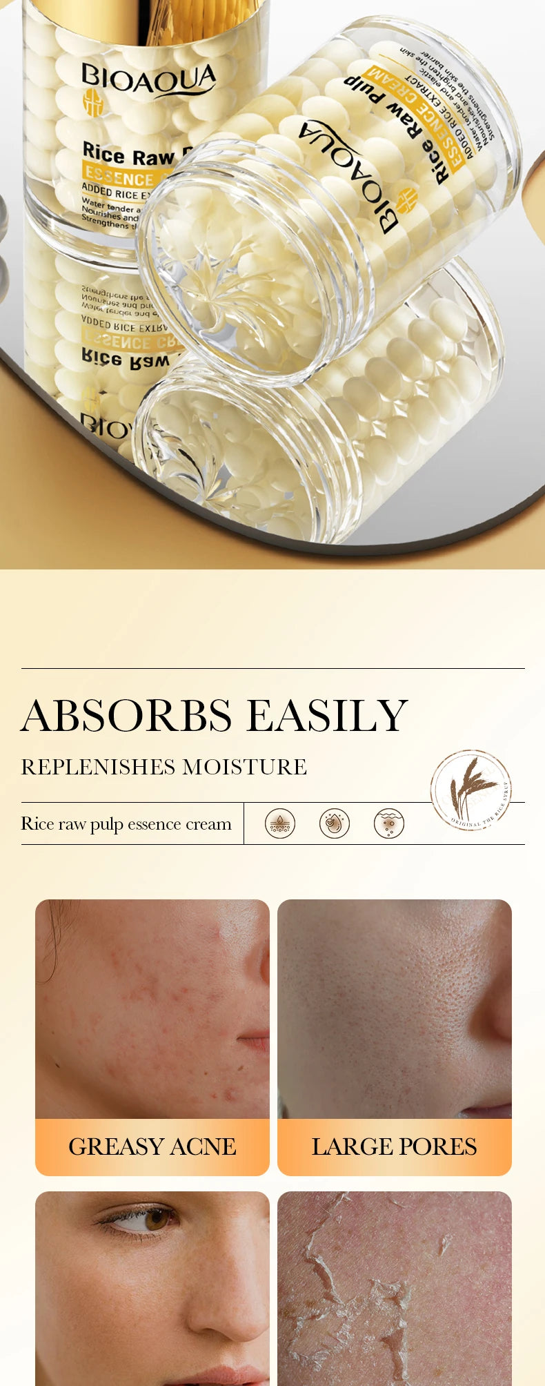 Crema de Esencia de Arroz BIOAOUA: Hidratación profunda, iluminadora, reafirmante y rejuvenecedora para mujeres.