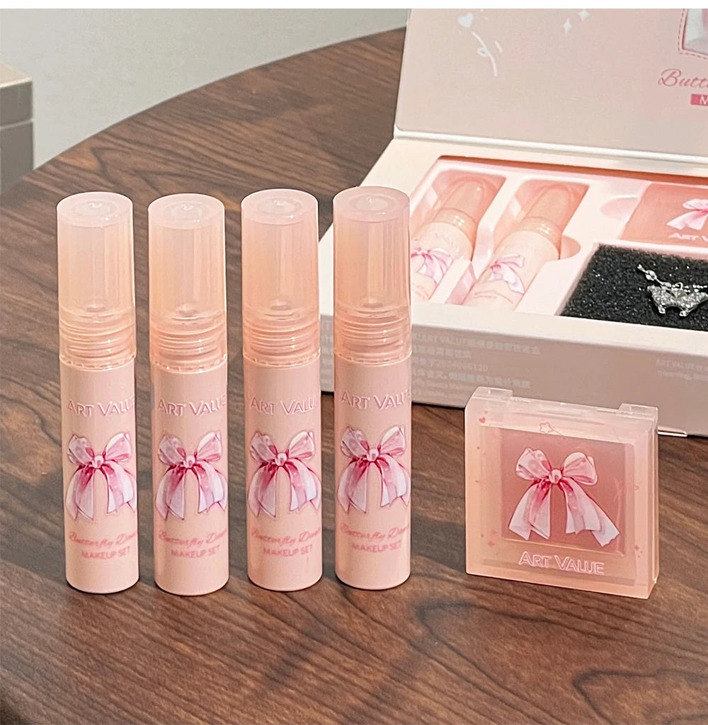 Conjunto de Batons Mate 6 Peças - Kit Maquilhagem Lábios Veludo Nude com Blush e Colar Presente