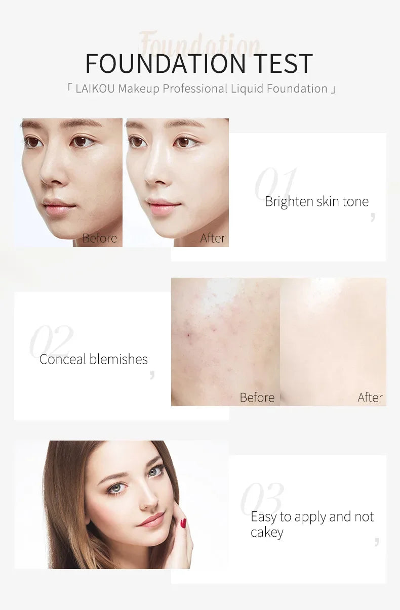 LAIKOU Makeup Professional Liquid Foundation before and after images showing brightened skin tone, concealed blemishes, and smooth finish