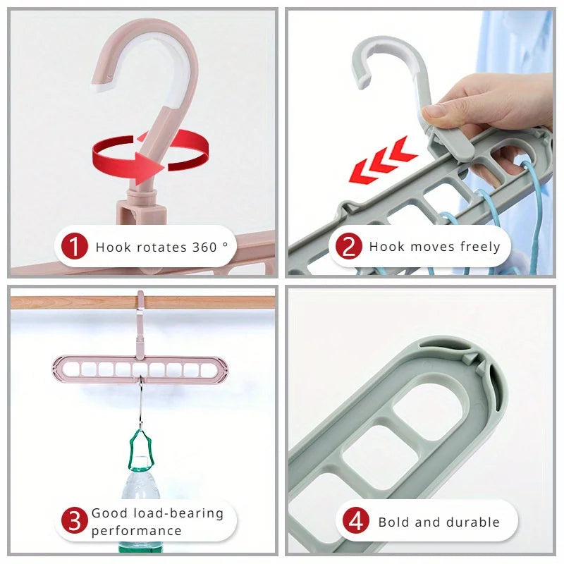 2 ou 4 Peças – Cabide Multifuncional Dobrável e Reutilizável | Suporte com Nove Orifícios para Organização de Roupas | Cabide em Plástico para Uso Doméstico – Vermelho & Verde