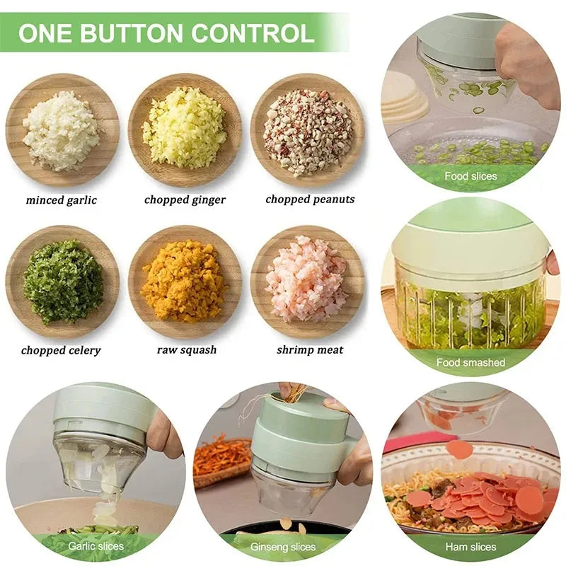 One button food chopper chopping garlic, ginger, peanuts, celery, squash, shrimp, ginseng, and ham slices