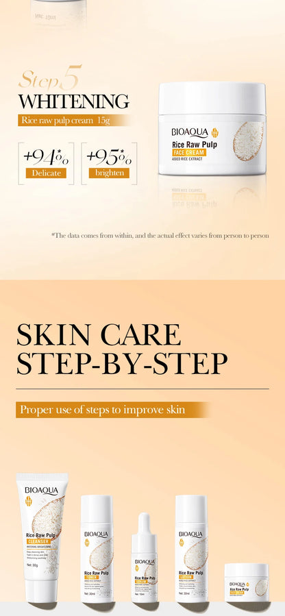 Set de cuidado de la piel con arroz BIOAOUA: limpiador, tónico, esencia, loción y crema hidratante iluminadora.