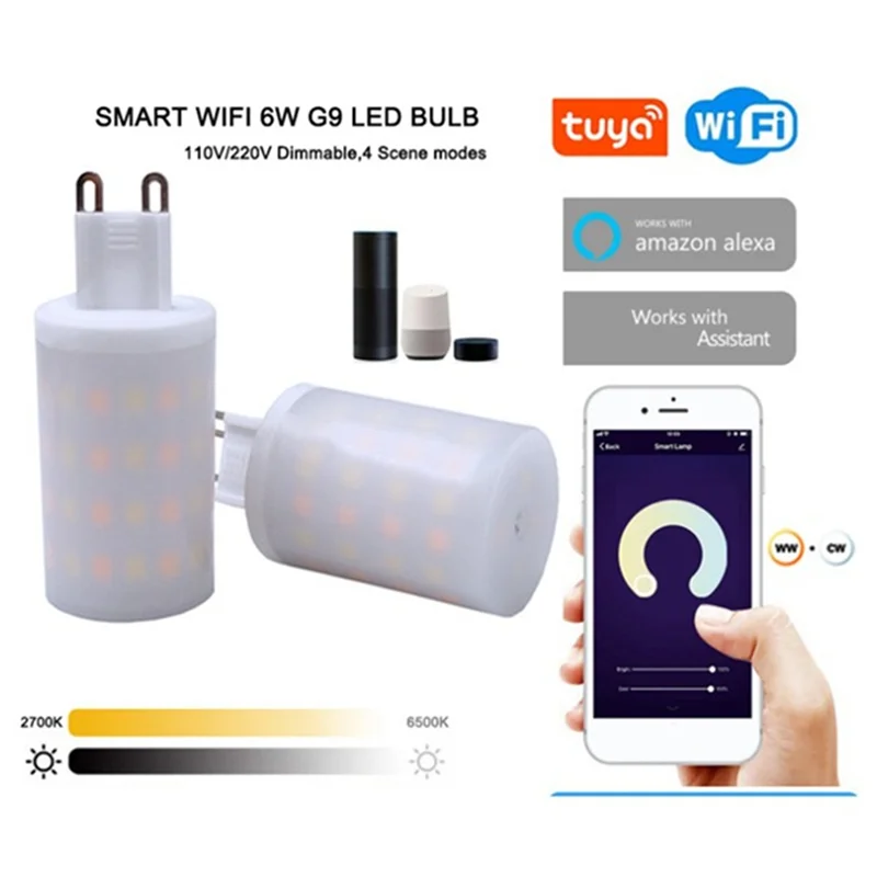 Lâmpadas LED Inteligentes Premium Tuya WiFi G9 6W Kit 2 Smart Home Regulável Controlo Voz Alexa