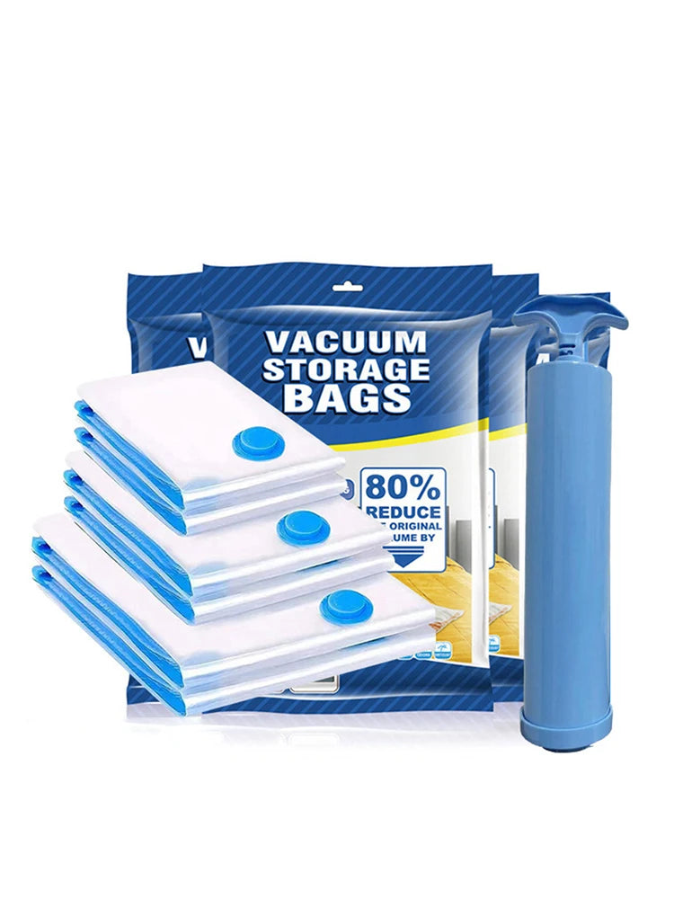 Vacuum storage bags set with blue valve and manual pump for space-saving organization