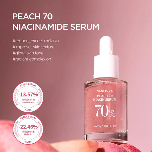 Sérum de Melocotón con 70 % de Niacinamida (30 ml): Hidratante facial con extractos naturales, vegano, unifica el tono de la piel y limpieza diaria.