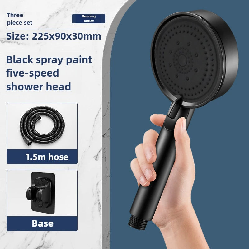 Chuveiro de Mão de Alta Pressão com Suporte e Mangueira – 5 Modos de Jato Ajustáveis | Acessório Redondo para Casa de Banho