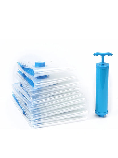 stack of clear vacuum storage bags with blue valve and blue hand pump for space-saving clothes