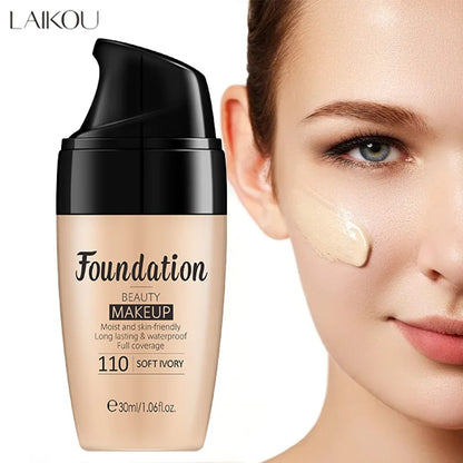 LAIKOU soft ivory foundation bottle with cream applied on woman's cheek, waterproof makeup