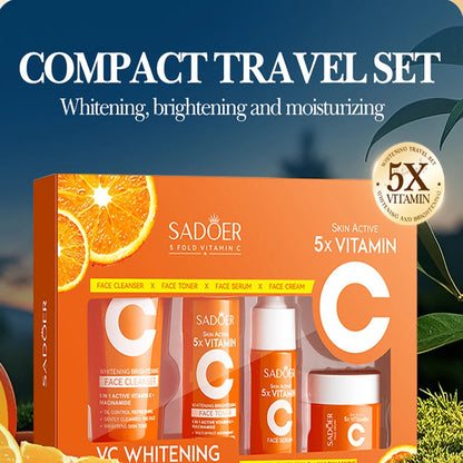 Kit de cuidado de la piel con vitamina C: 5 piezas | Limpiador, tónico, esencia, crema e hidratante | Set de viaje portátil