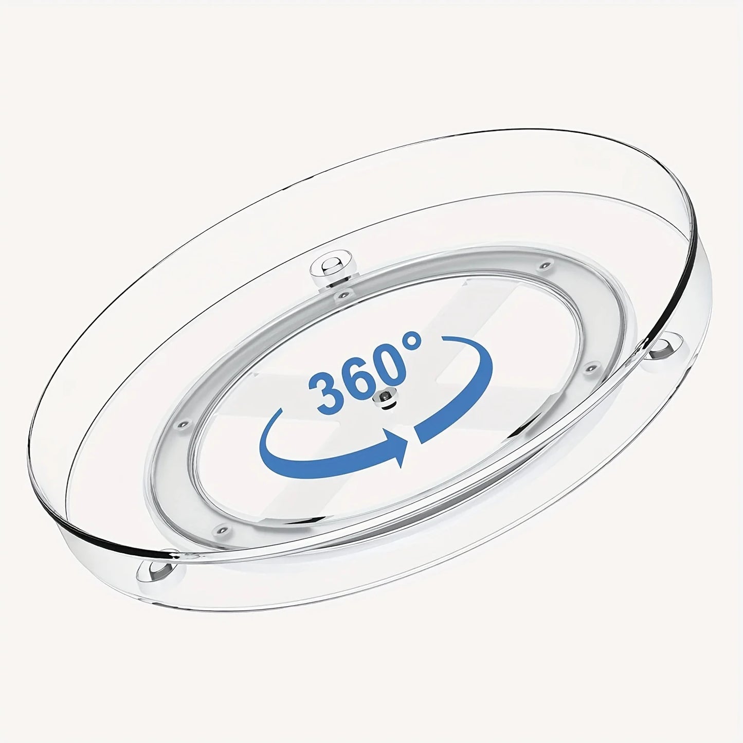 Transparent 360-degree rotating display stand with blue rotation arrows on white background