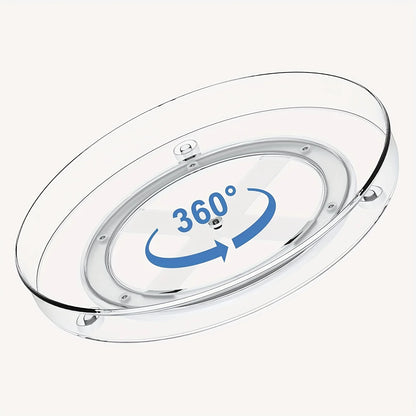 Transparent 360-degree rotating display stand with blue rotation arrows on white background