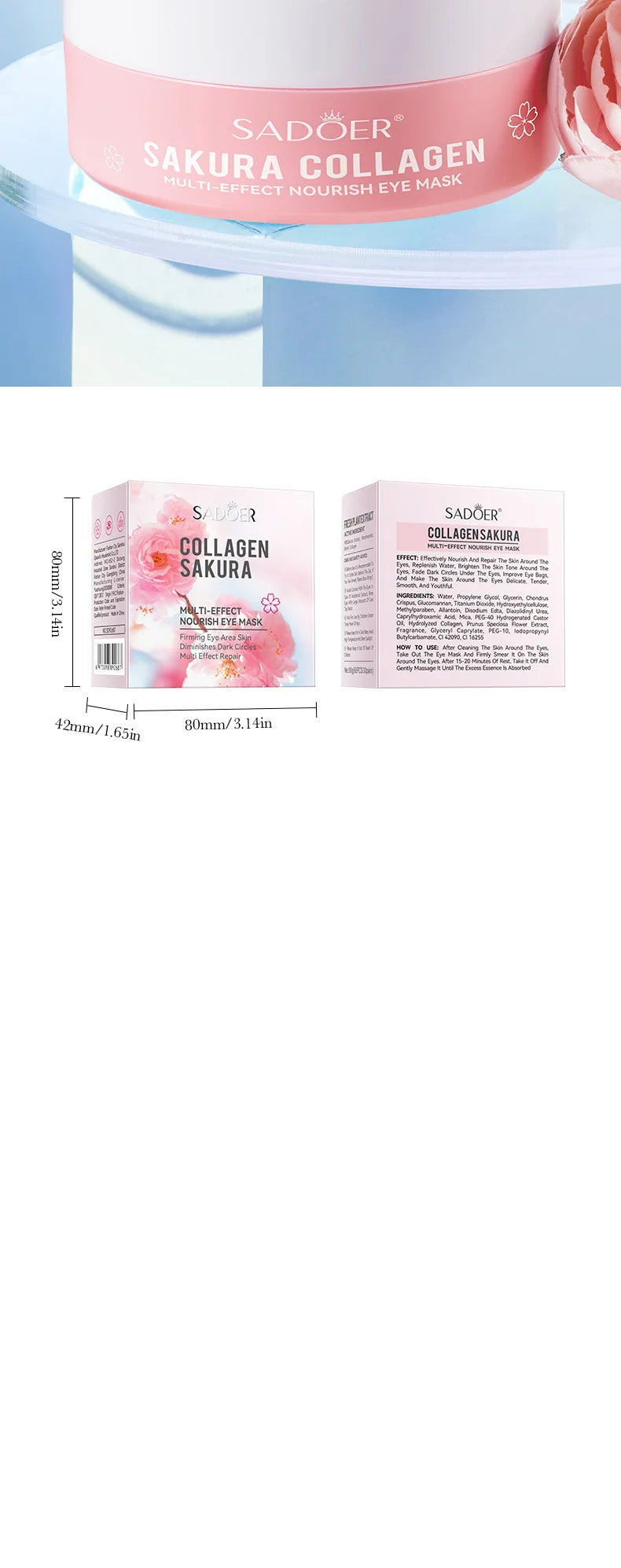 Mascarillas de colágeno para ojos SADOER Sakura (60 unidades): antiojeras, antihinchazón, hidratantes y reafirmantes.