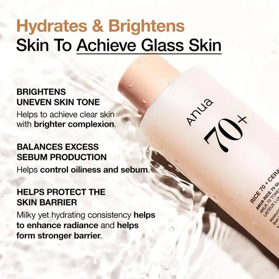 Tónico Lechoso Anua Rice 70 Glow con 70 % de agua, ceramidas de arroz, hidratante, iluminador y control de la grasa de la piel.