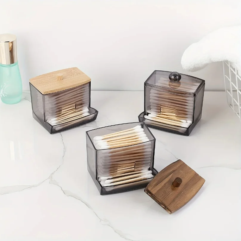 Porta Cotonetes Acrílico com Tampa de Bambu - Organizador Dispensador Transparente Casa de Banho