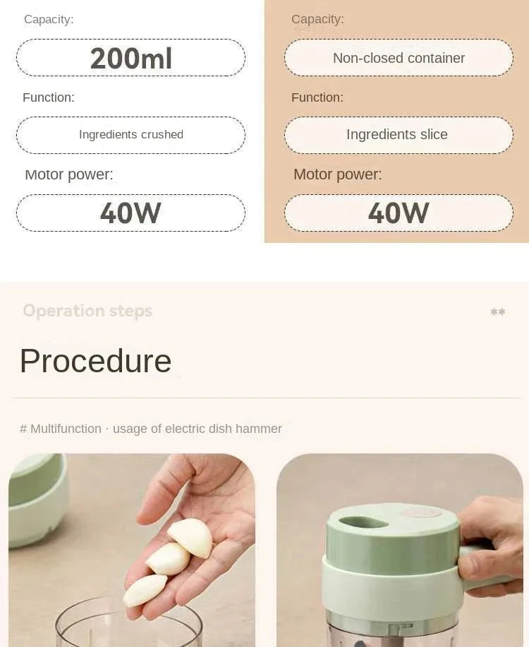 Electric dish hammer with 200ml capacity, 40W motor for crushing and slicing ingredients