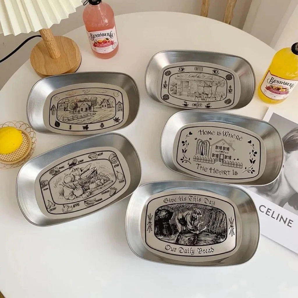 Tabuleiro Vintage Americano Metal Inox – Bandeja Servir Jantar Lanche Fruta Café Piquenique