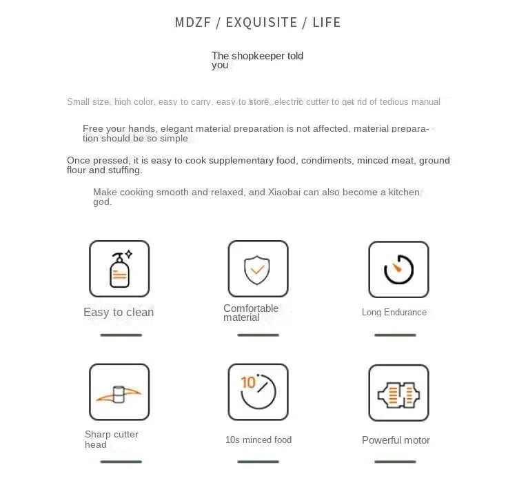 Kitchen appliance features icons showing easy to clean, comfortable material, long endurance, sharp cutter head, 10s minced food, powerful motor