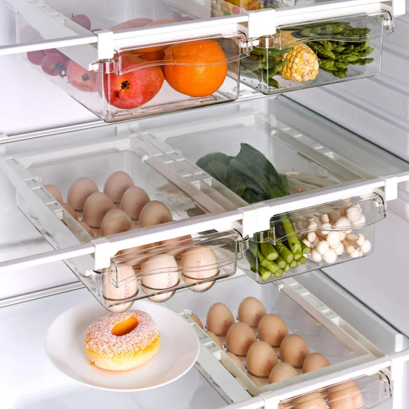 Kitchen Storage Box – Transparent Organizer for Fruits, Vegetables, Eggs, and Food | Sliding Drawer for Refrigerator Shelf