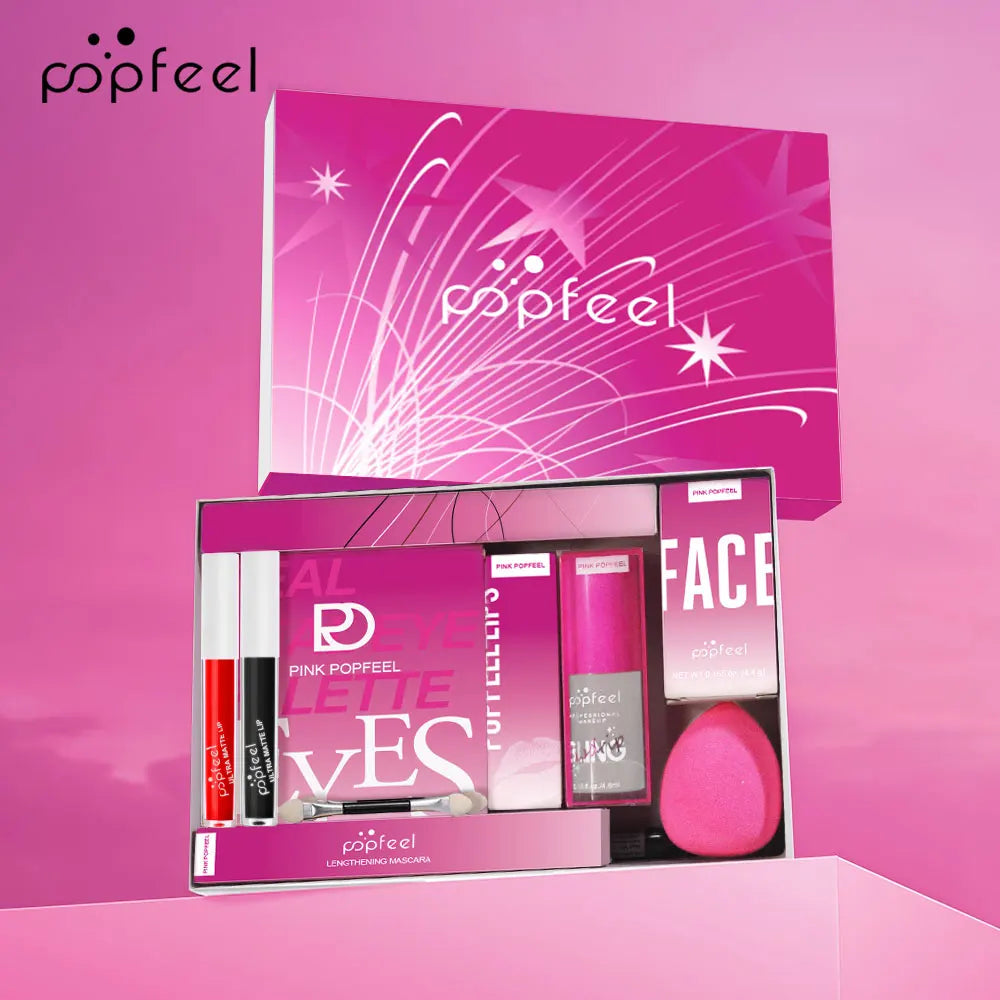 Conjunto Presente POPFEEL Rosa – Kit Maquilhagem com Sombras Blush e Batom para Meninas Aniversário