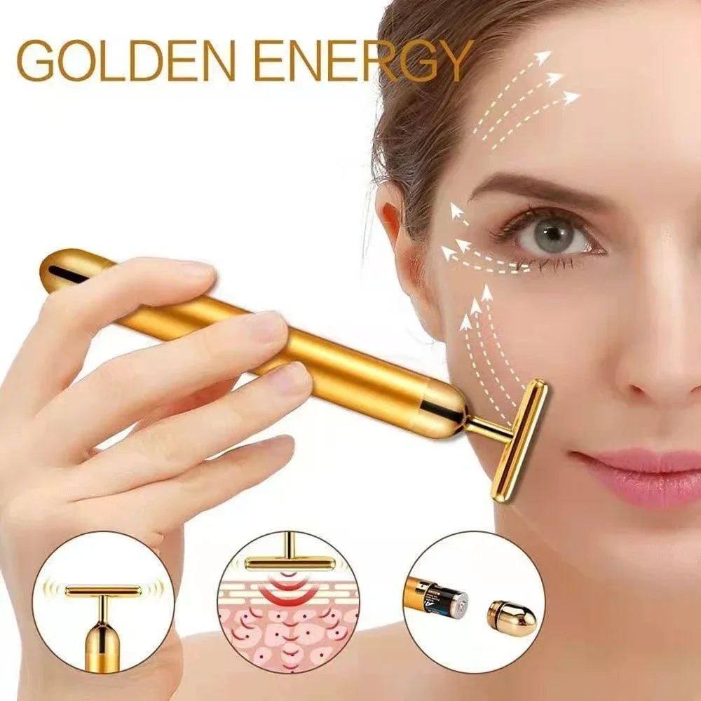 Massageador Facial Ouro 24K Formato T | Beauty Bar Energético | Lifting e Firmeza | Massagem Facial Profissional