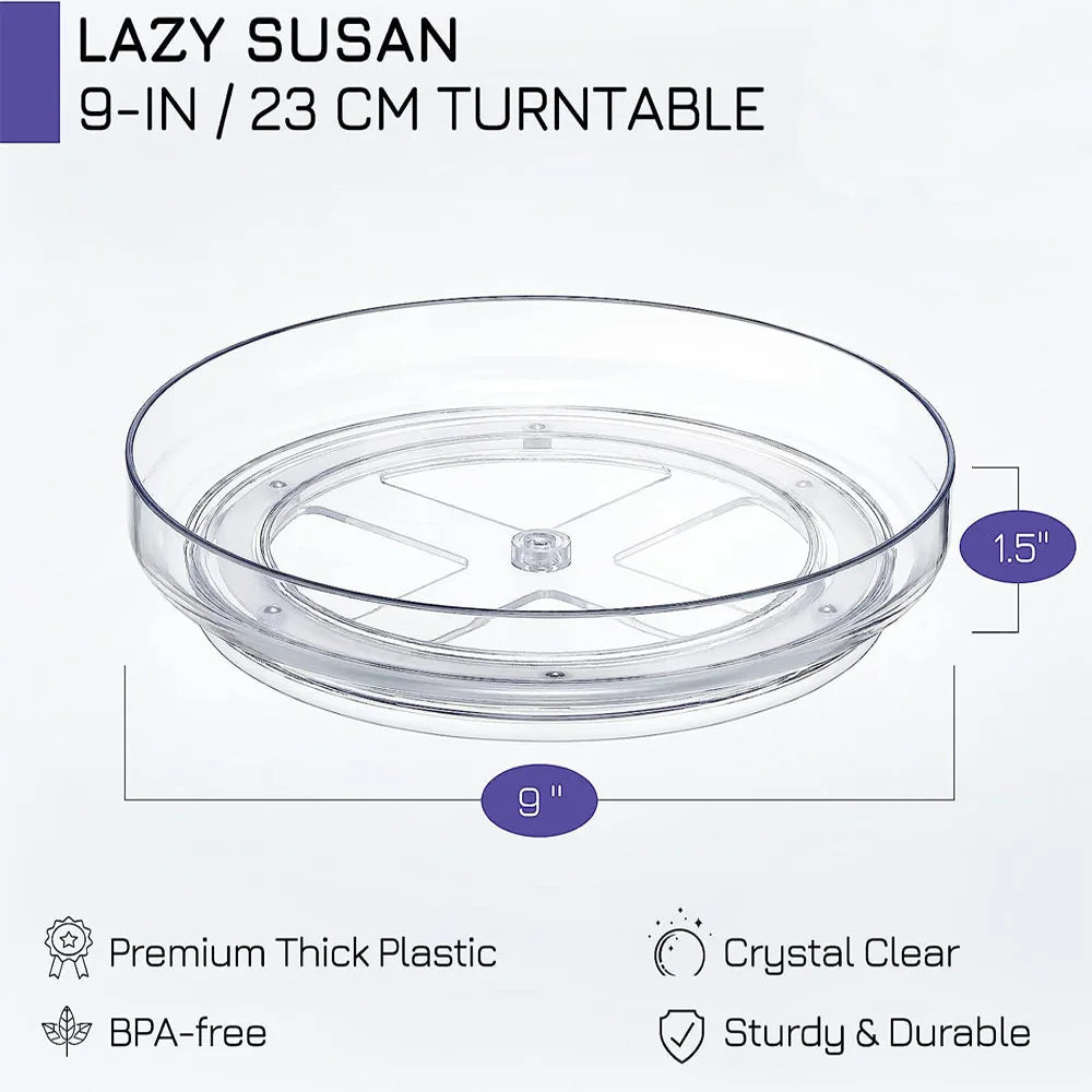 9-inch clear plastic Lazy Susan turntable with 1.5-inch height, BPA-free and durable
