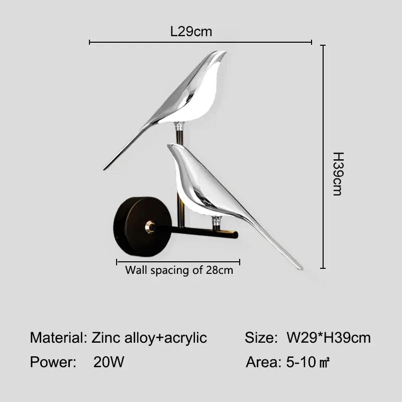 Arandela LED Pássaro Magpie Giratória 360° Dourada - Luminária Parede Nórdica para Quarto e Sala
