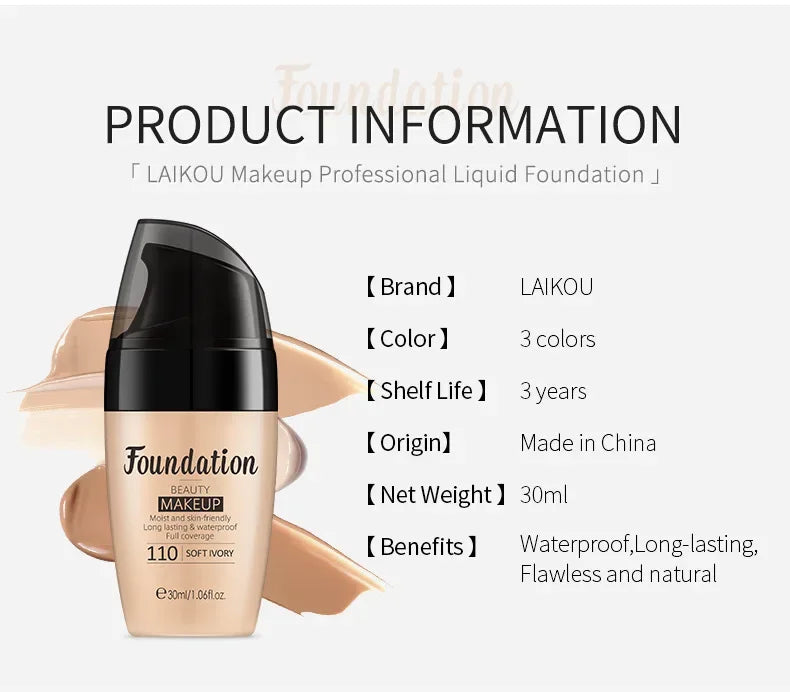 LAIKOU professional liquid foundation bottle with 3 color swatches, waterproof, long-lasting makeup