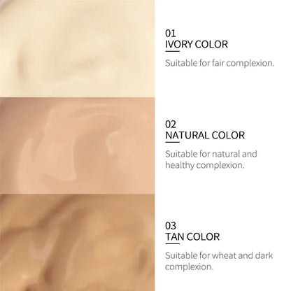 Three foundation shades: ivory for fair, natural for healthy, tan for dark complexion