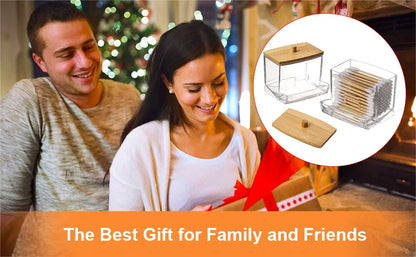 Porta Cotonetes com Tampa de Bambu – Dispensador de Cotonetes | Recipiente Transparente em Plástico com Tampa de Bambu | Organizador para Casa de Banho