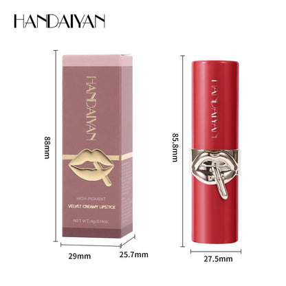 Lápiz labial aterciopelado de larga duración HANDAIYAN: cremoso, hidratante, resistente al agua y a las manchas, 6 tonos, maquillaje suave para labios de mujer.